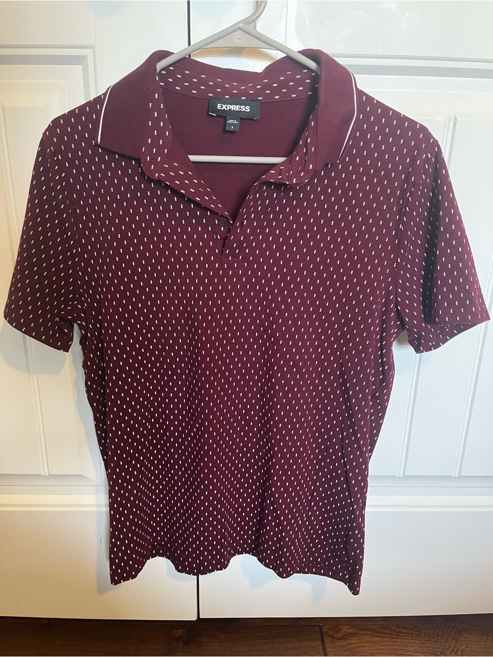 Express Men’s Maroon Polo with White Dot Pattern